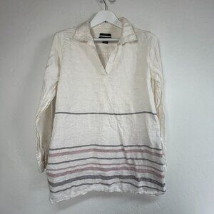 Tahari Womens Long-Sleeve Striped Linen Tunic Top V-Neck Collar Cream White